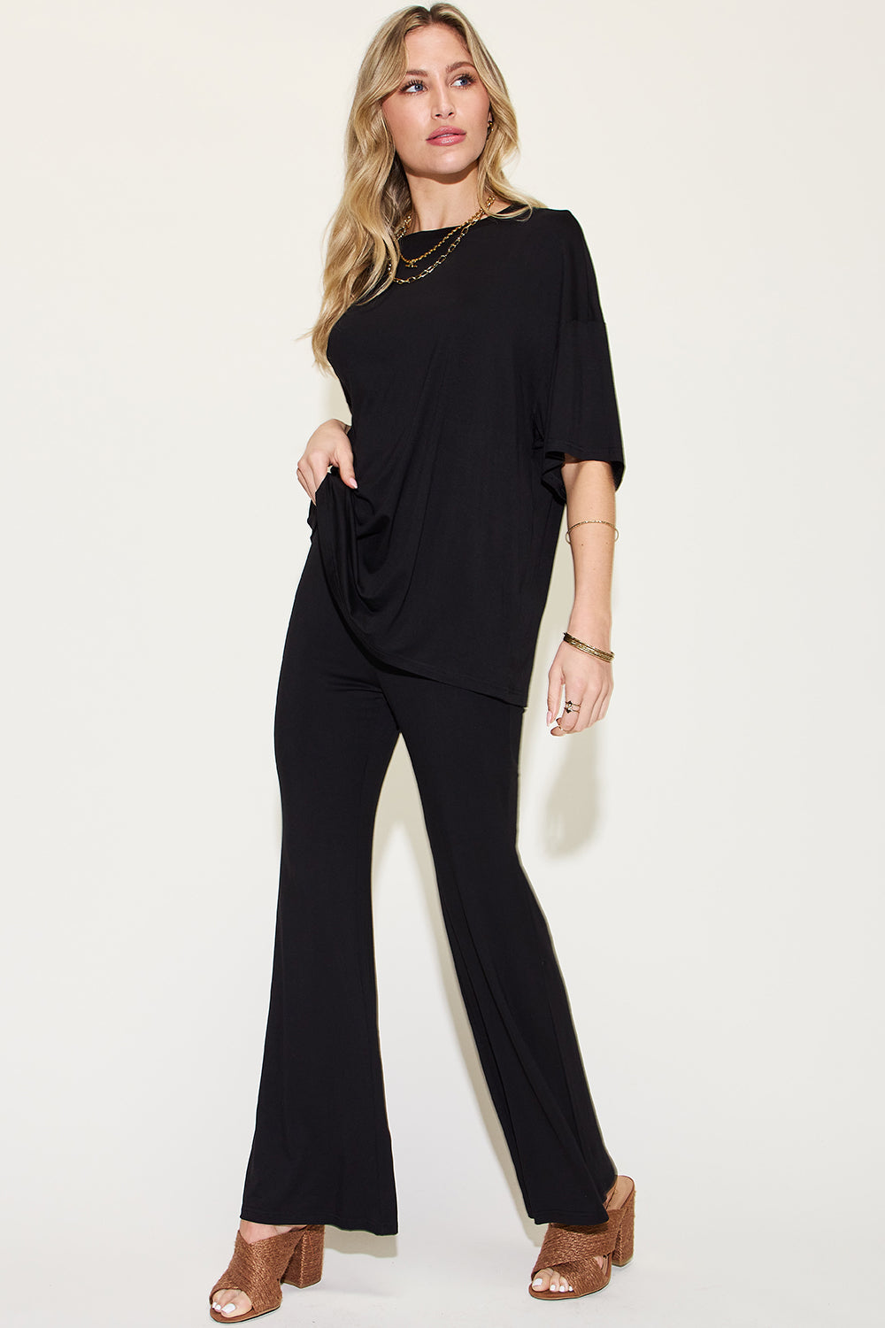 Butter Soft Drop Shoulder T-Shirt and Flare Pants Set