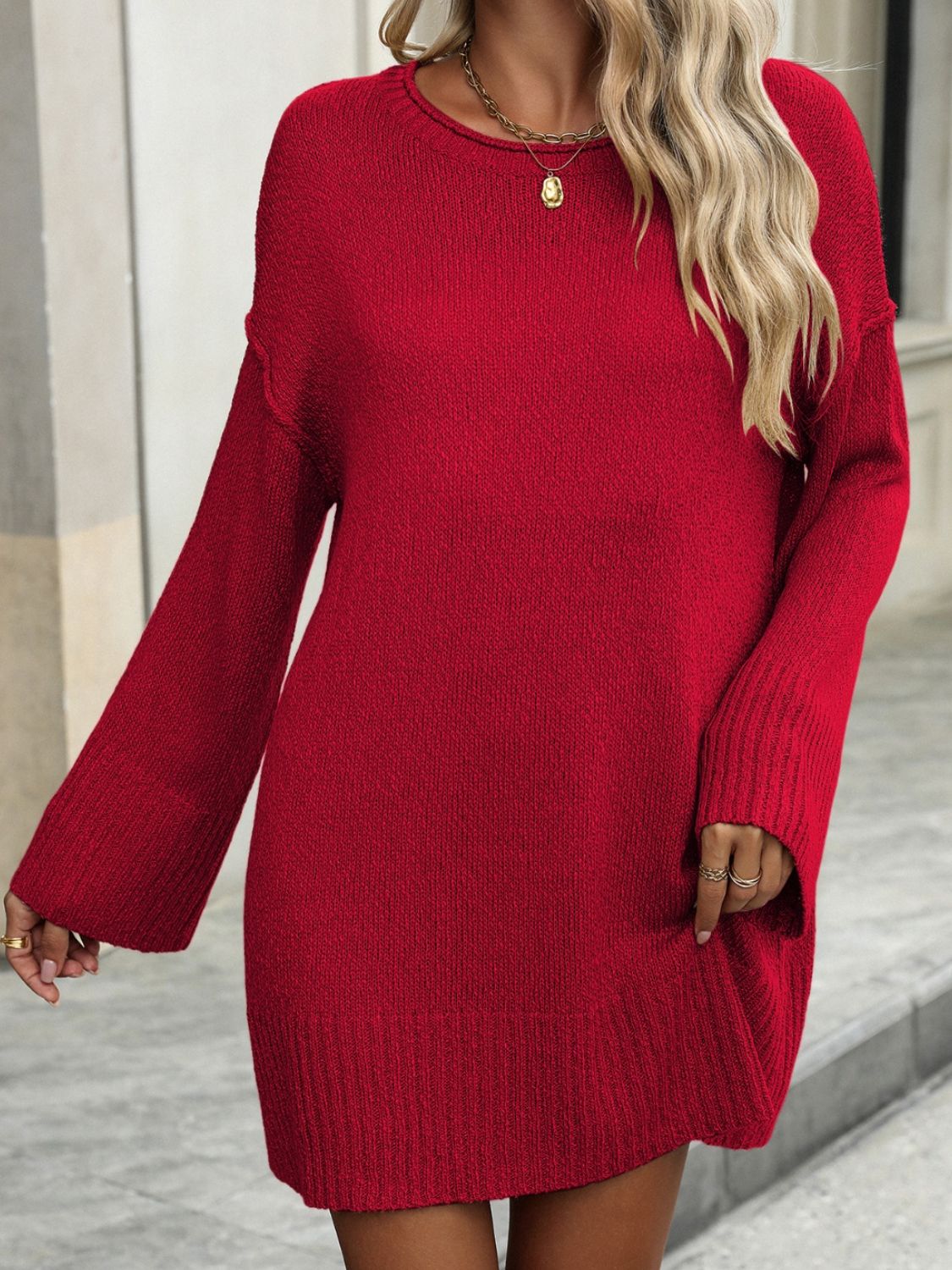 Round Neck Dropped Shoulder Sweater Dress