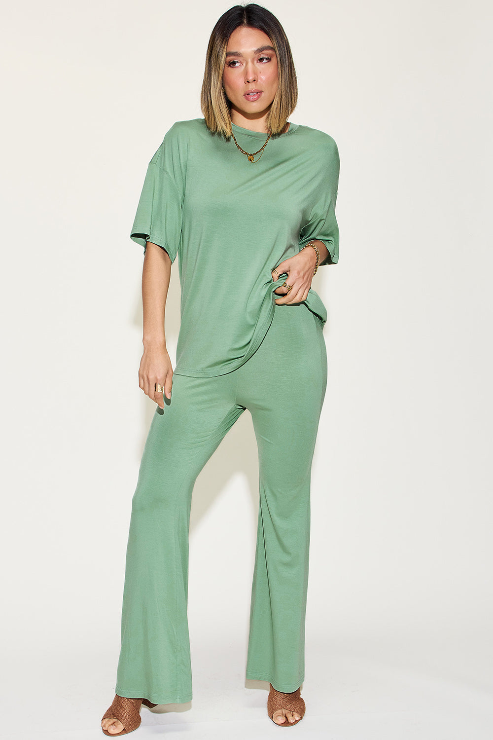 Butter Soft Drop Shoulder T-Shirt and Flare Pants Set