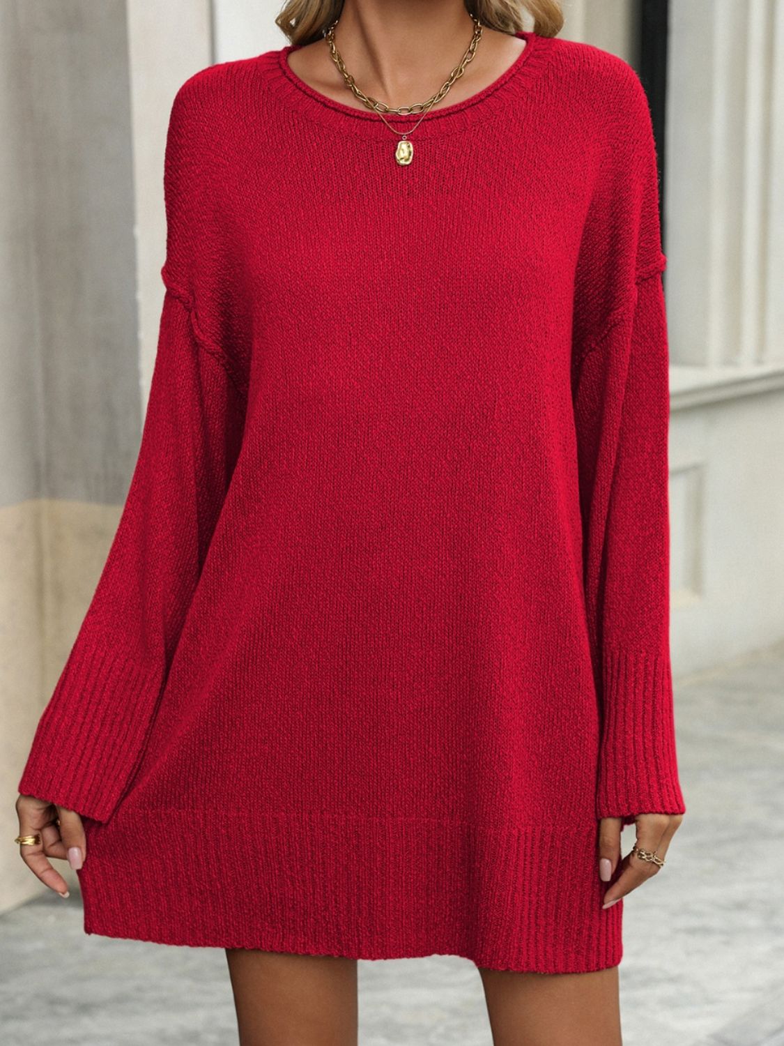 Round Neck Dropped Shoulder Sweater Dress