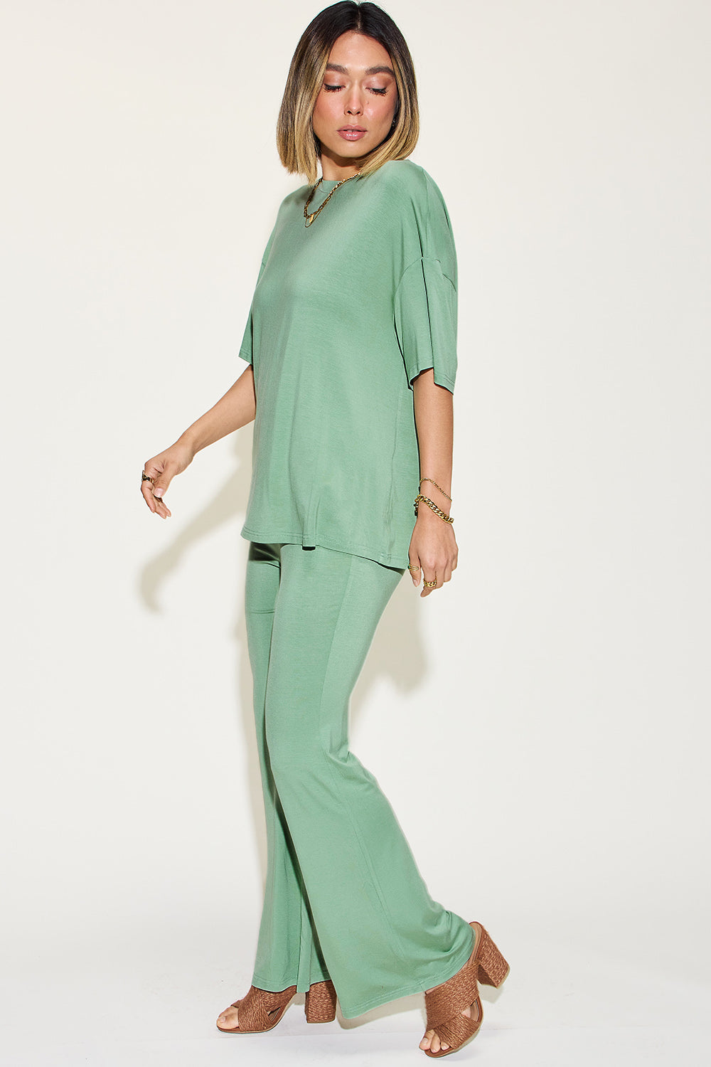 Butter Soft Drop Shoulder T-Shirt and Flare Pants Set