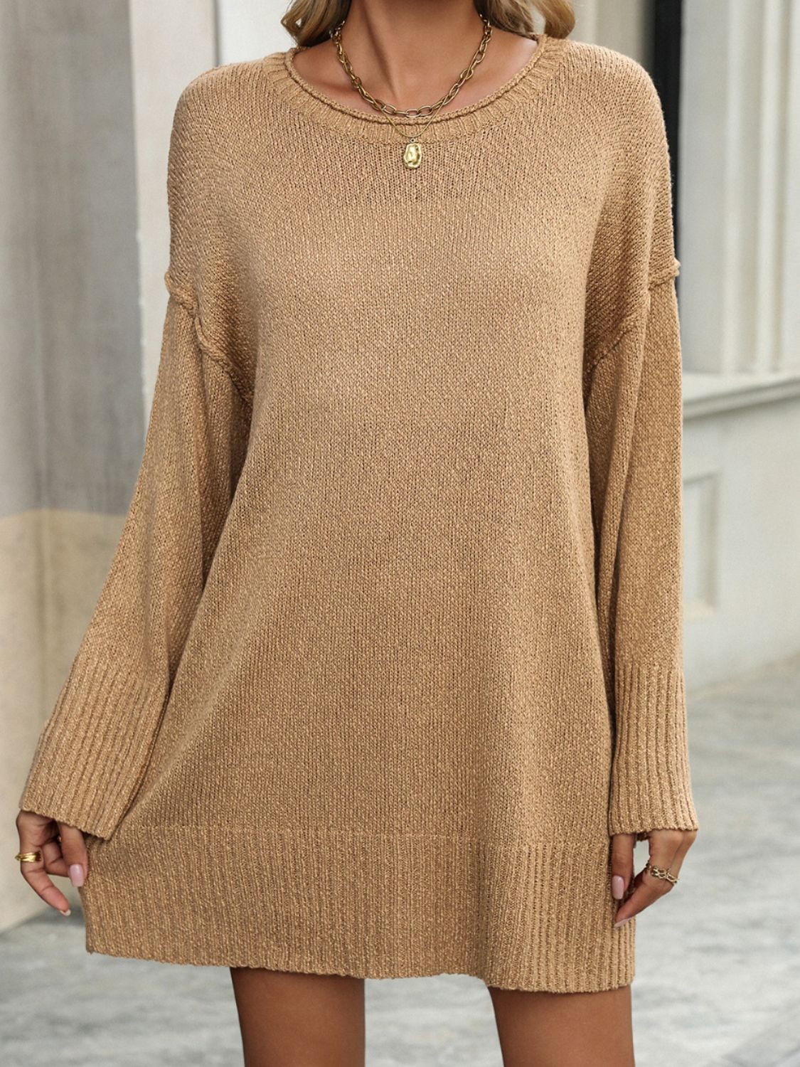 Round Neck Dropped Shoulder Sweater Dress