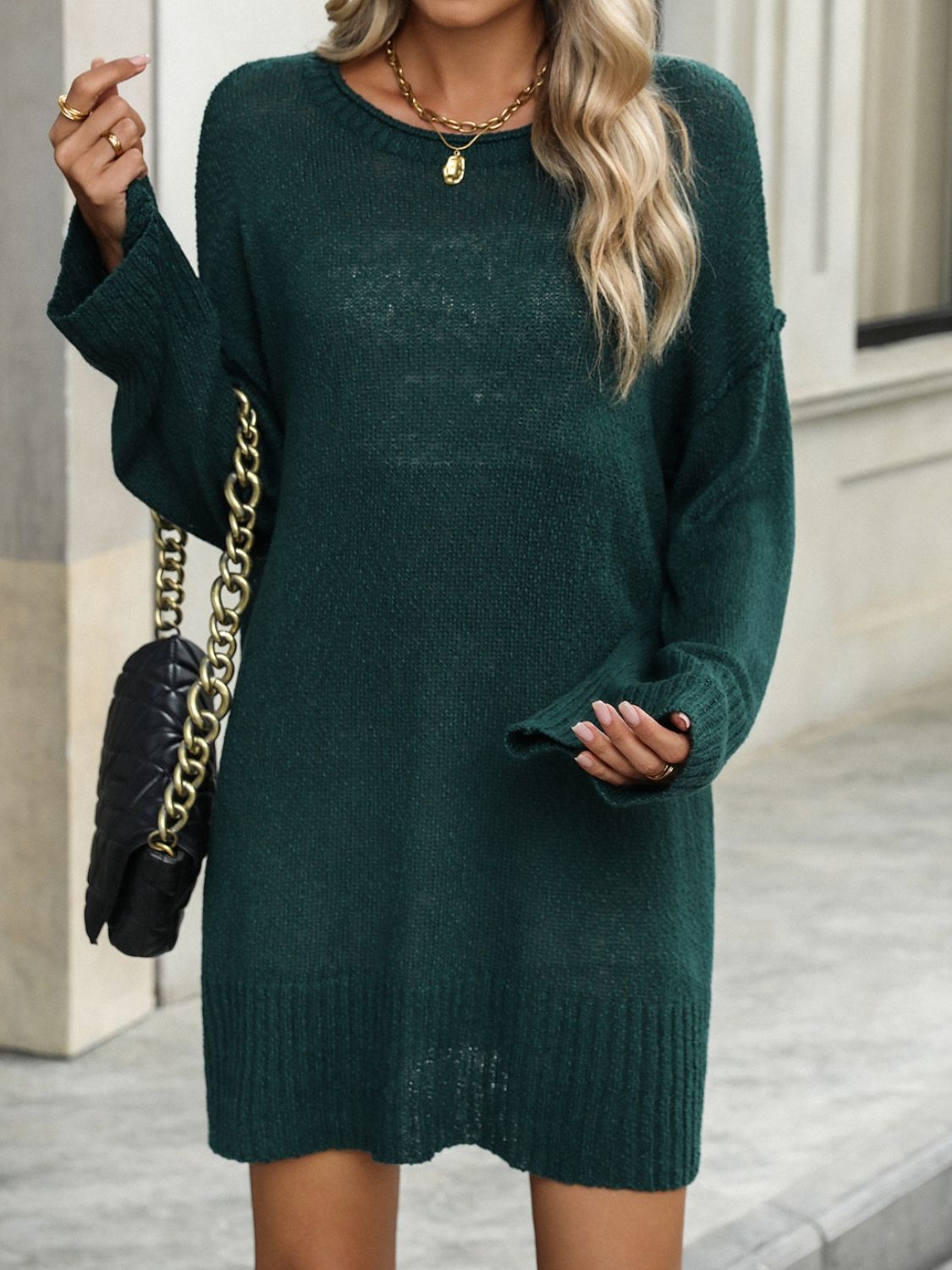 Round Neck Dropped Shoulder Sweater Dress