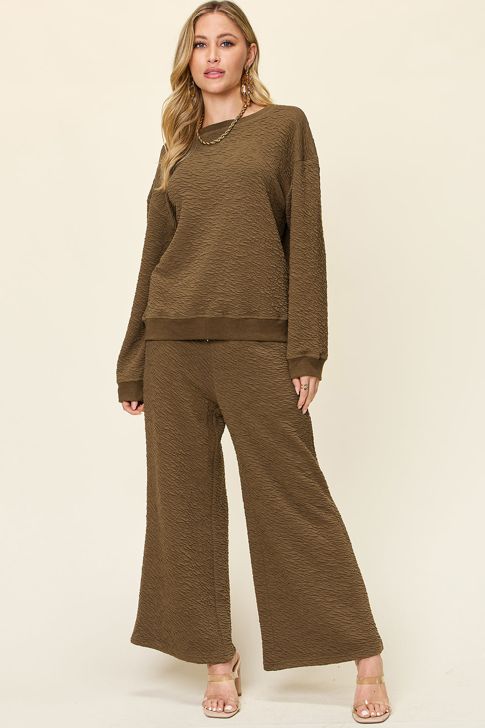 Textured Long Sleeve Top and Pants Set