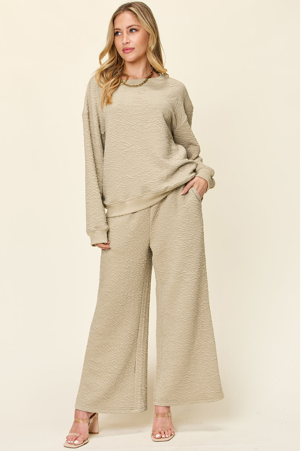 Textured Long Sleeve Top and Pants Set