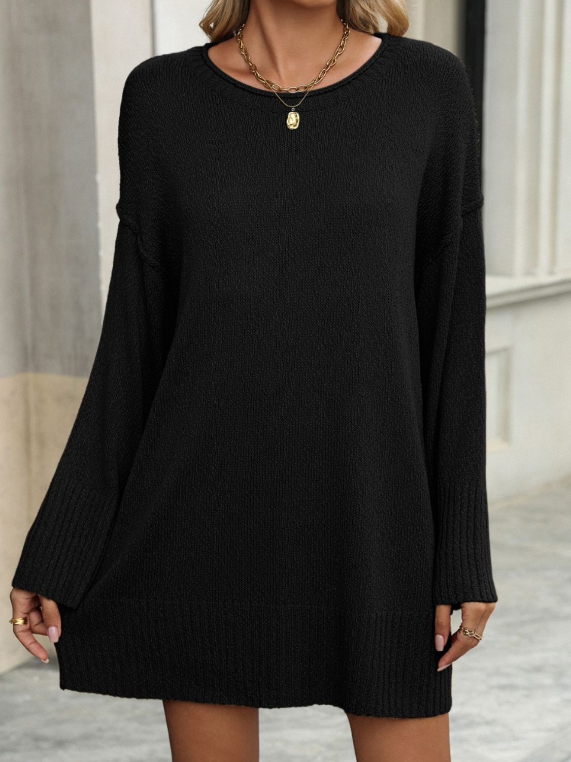 Round Neck Dropped Shoulder Sweater Dress