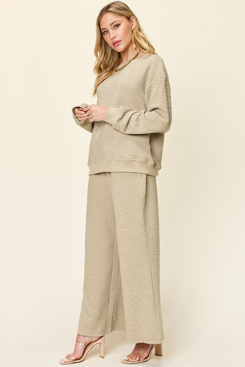 Textured Long Sleeve Top and Pants Set