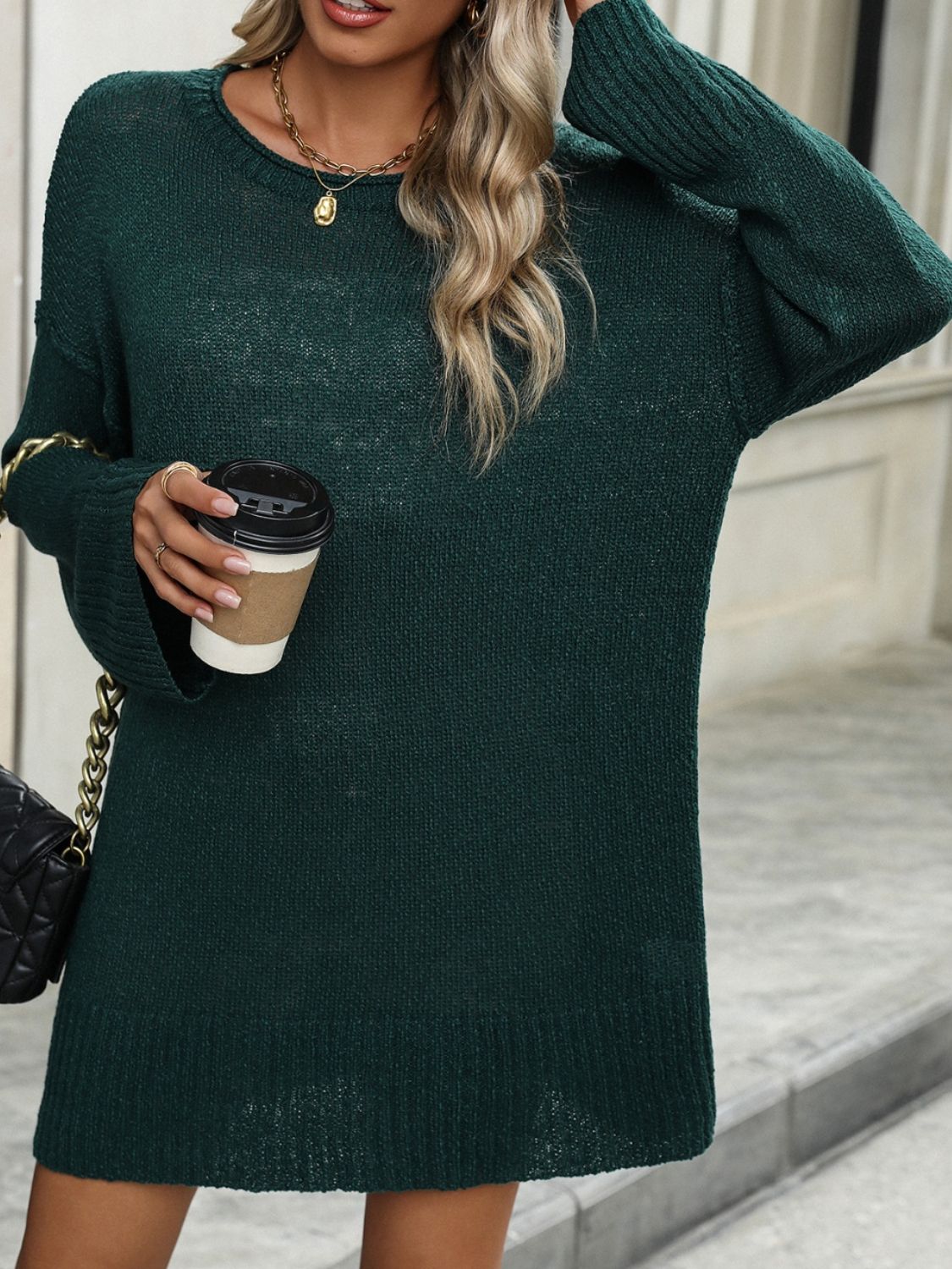 Round Neck Dropped Shoulder Sweater Dress