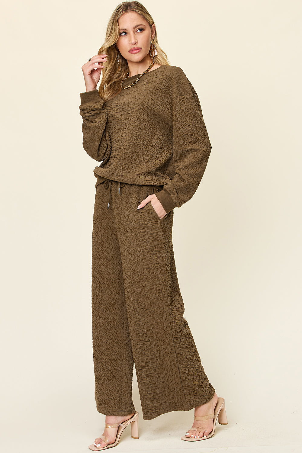 Textured Long Sleeve Top and Pants Set