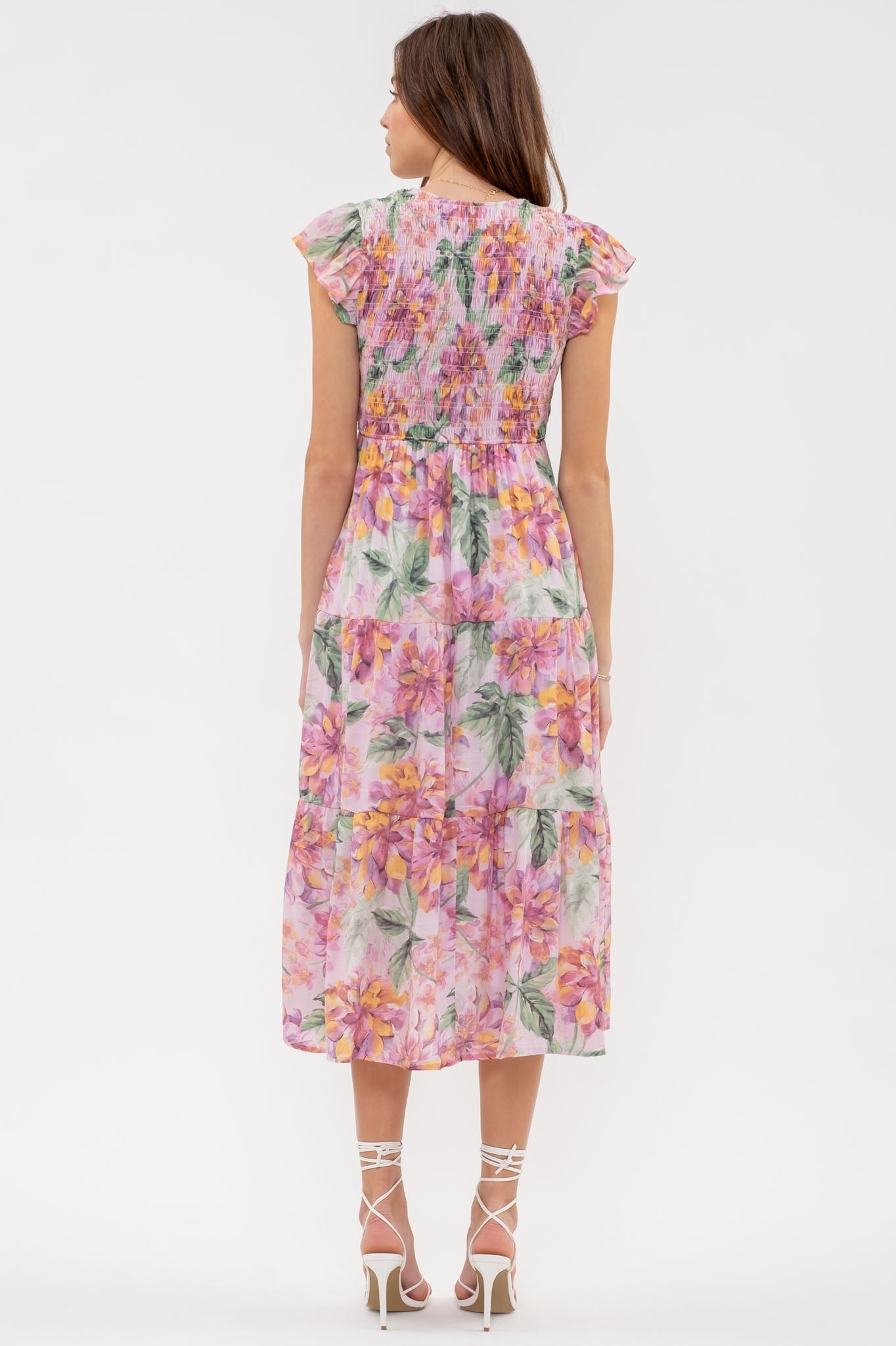 Smocked V-Neck Floral Midi Dress
