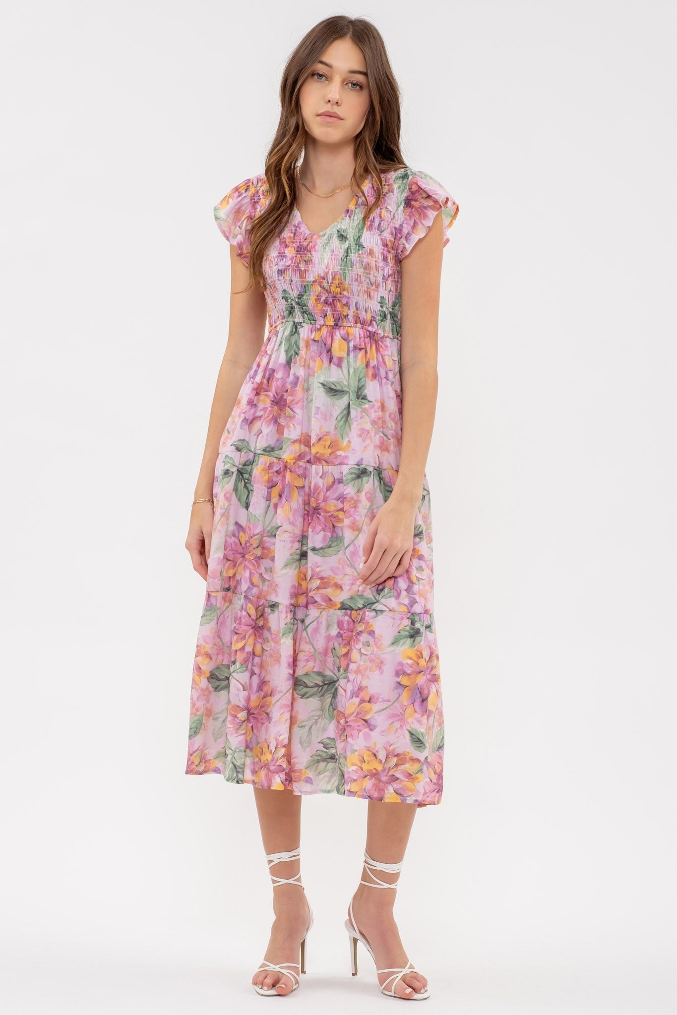 Smocked V-Neck Floral Midi Dress