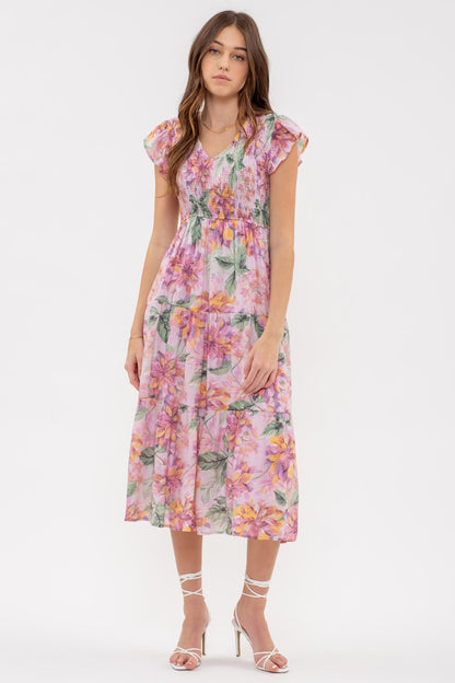 Smocked V-Neck Floral Midi Dress